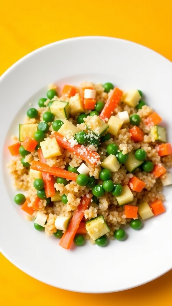 A vibrant toddler-friendly dinner plate with quinoa, vegetables, and cheese, designed to attract young eaters.